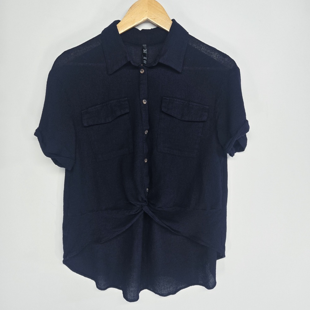 Zara TRF Button Down Women XS Navy Blue Knot Front High‎ Low Short Sleeve Shirt